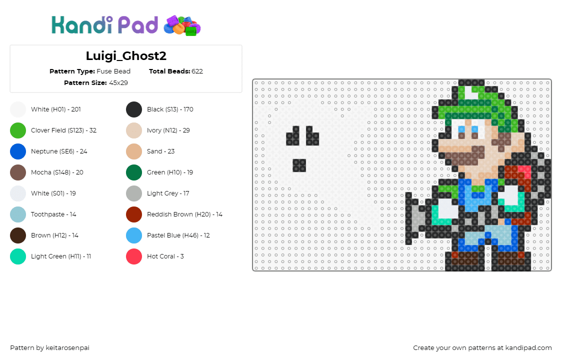 Luigi_Ghost2 - Fuse Bead Pattern by keitarosenpai on Kandi Pad - luigi,ghost,nintendo,mansion,spooky,character,video game,white,green,tan,blue