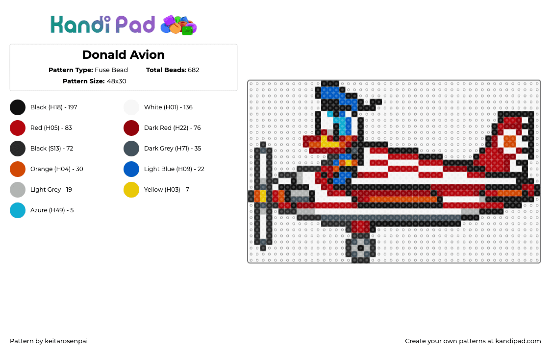 Donald Avion - Fuse Bead Pattern by keitarosenpai on Kandi Pad - airplane,donald duck,disney,pilot,character,cartoon,blue,red,white