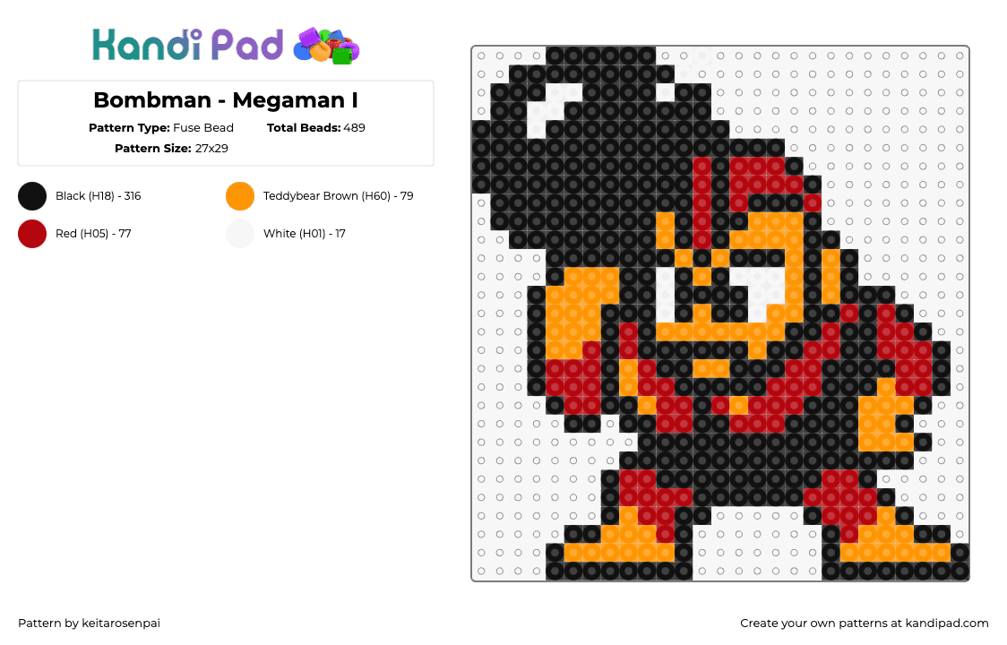 Bombman - Megaman I - Fuse Bead Pattern by keitarosenpai on Kandi Pad - bombman,megaman,video game,character,retro,classic,nintendo,red,black,orange