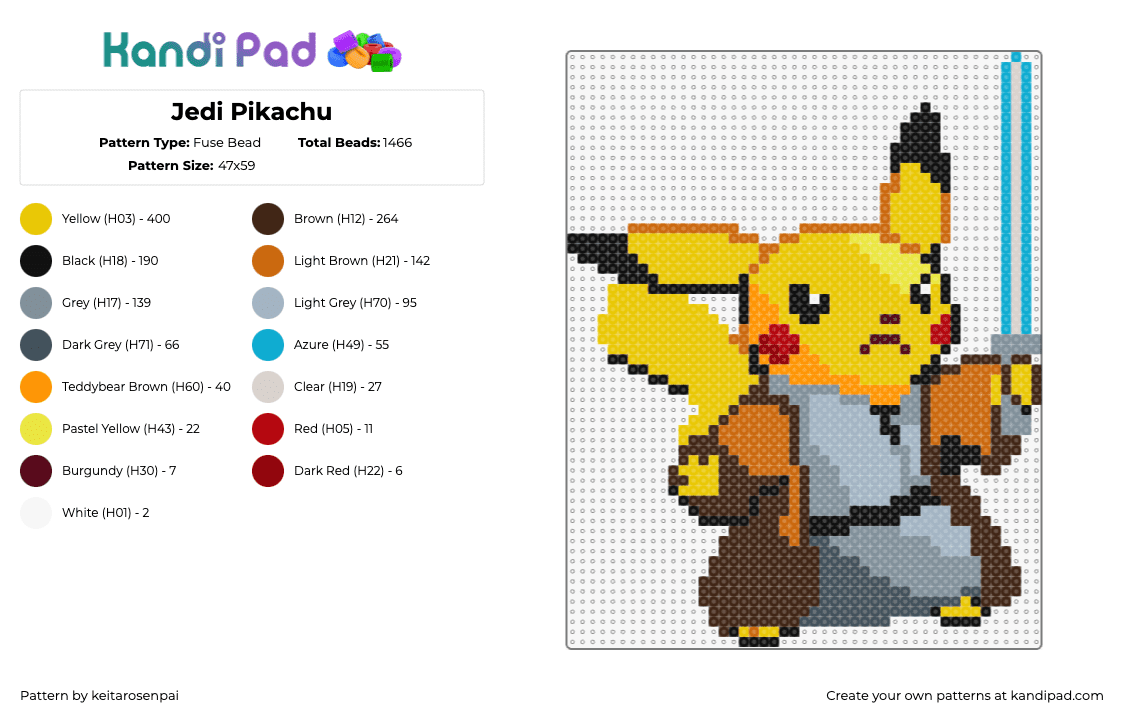 Jedi Pikachu - Fuse Bead Pattern by keitarosenpai on Kandi Pad - pikachu,jedi,star wars,pokemon,mashup,lightsaber,character,gaming,movie,scifi,yellow,brown,gray