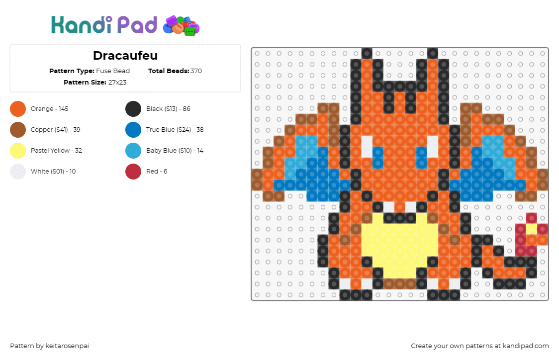 Dracaufeu - Fuse Bead Pattern by keitarosenpai on Kandi Pad - charizard,pokemon,charmander,fiery,evolution,dragon,winged,character,gaming,oran