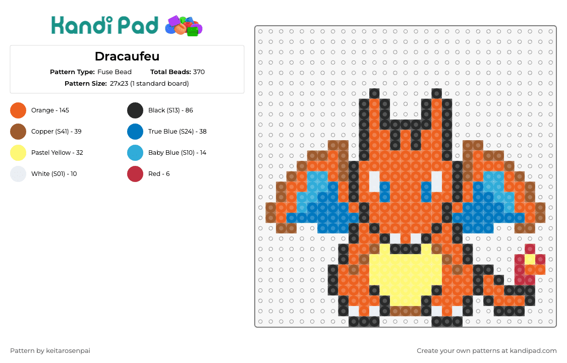 Dracaufeu - Fuse Bead Pattern by keitarosenpai on Kandi Pad - charizard,pokemon,charmander,fiery,evolution,dragon,winged,character,gaming,orange,blue