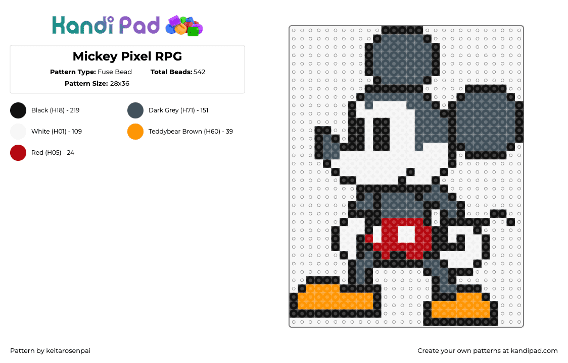 Mickey Pixel RPG - Fuse Bead Pattern by keitarosenpai on Kandi Pad - mickey mouse,sprite,character,disney,classic,retro,gray,white,red,orange