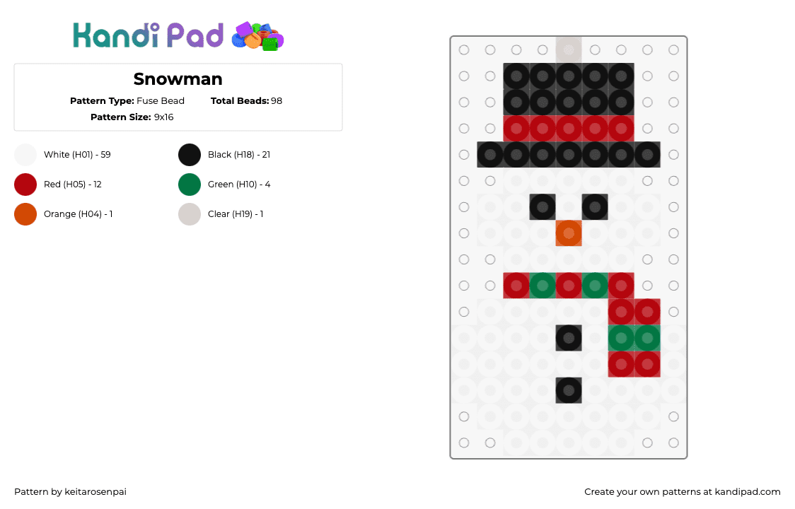 Snowman - Fuse Bead Pattern by keitarosenpai on Kandi Pad - snowman,ornament,scarf,top hat,winter,christmas,white,black,red