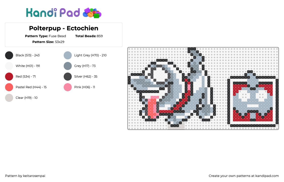 Polterpup - Ectochien - Fuse Bead Pattern by keitarosenpai on Kandi Pad - polterpup,luigis mansion,nintendo,video game,dog,cute,character,tongue,gray,red