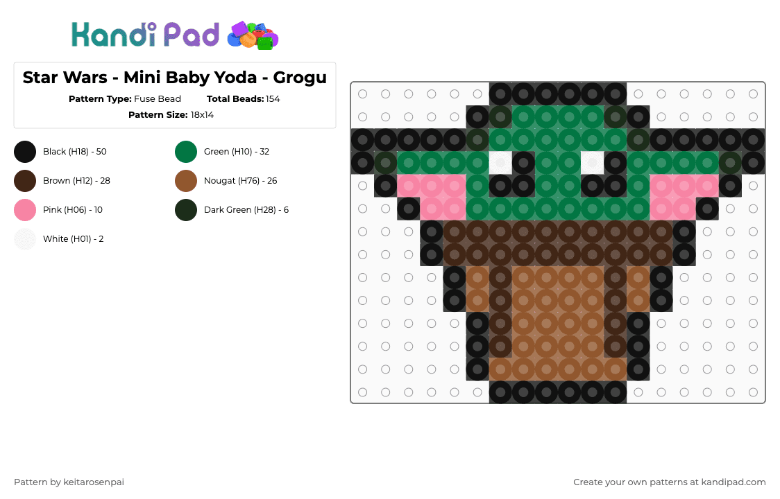 Star Wars - Mini Baby Yoda - Grogu - Fuse Bead Pattern by keitarosenpai on Kandi Pad - baby,alien,character,movie,tv show,scifi,brown,tan,green,star wars,yoda,grogu,mini