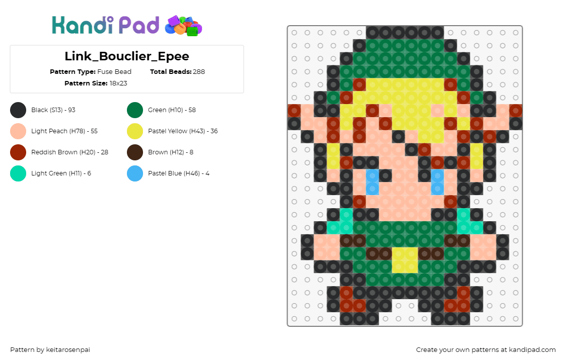 Link_Bouclier_Epee - Fuse Bead Pattern by keitarosenpai on Kandi Pad - link,legend of zelda,character,video game,adventure,green,tan