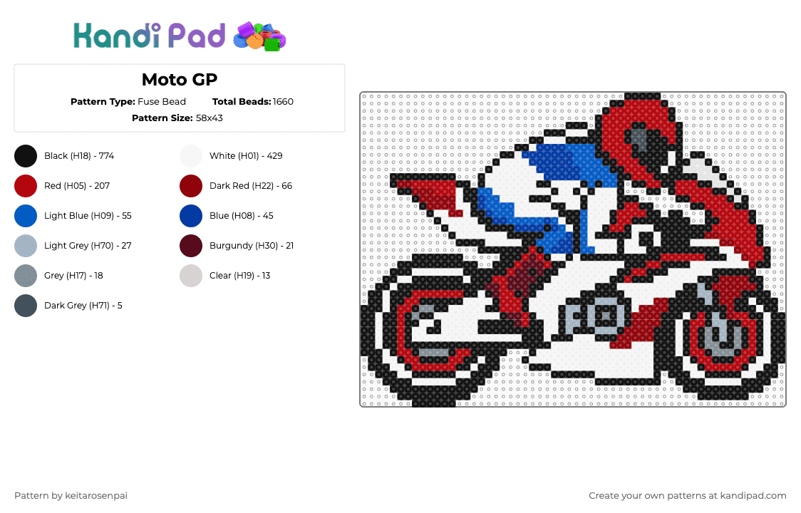 Moto GP - Fuse Bead Pattern by keitarosenpai on Kandi Pad - black,white,red,blue,moto,motorcycle,high speed