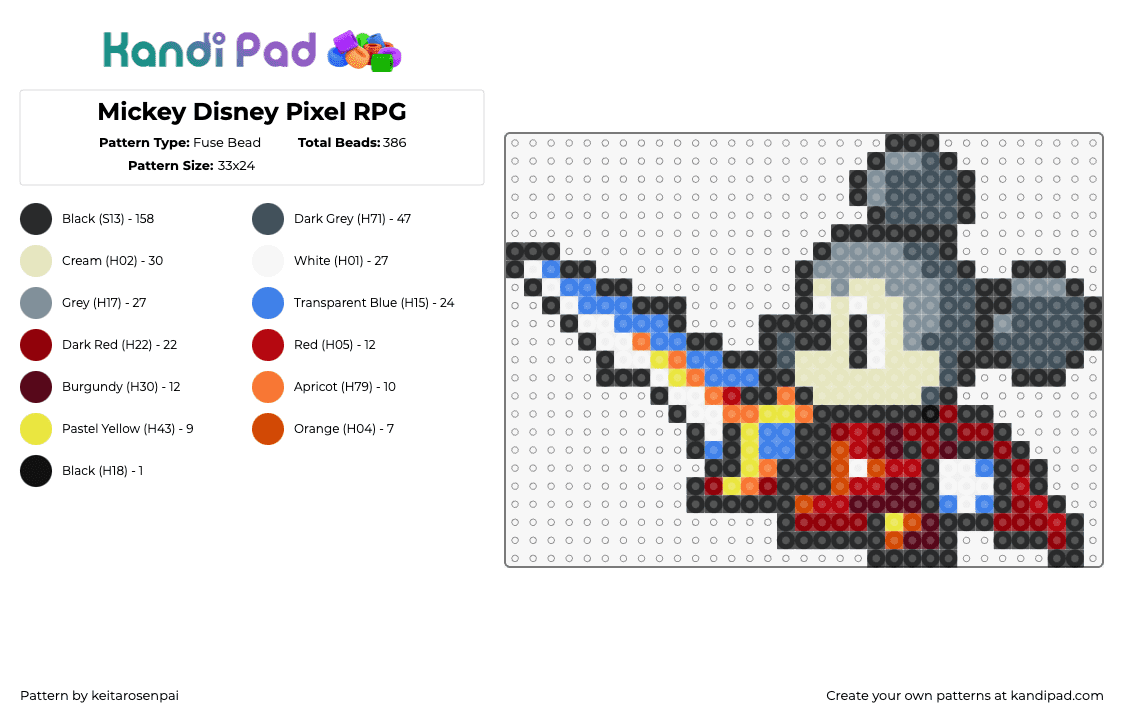 Mickey Disney Pixel RPG - Fuse Bead Pattern by keitarosenpai on Kandi Pad - mickey mouse,sword,character,disney,video game,sprite,gray,red,blue