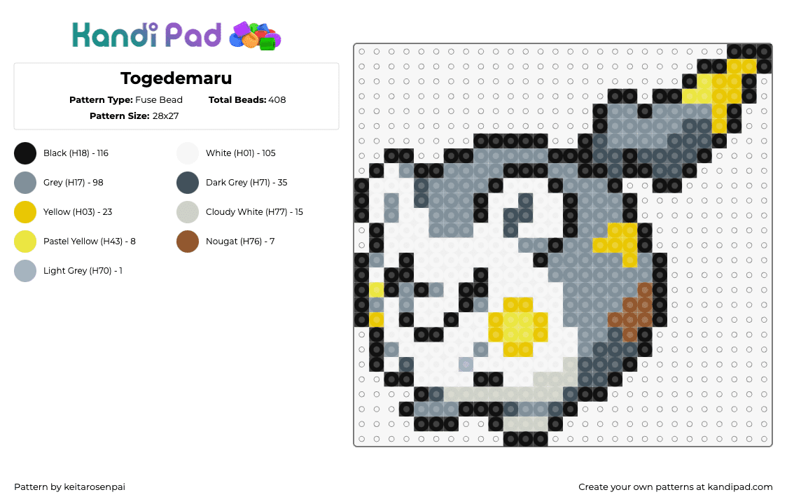 Togedemaru - Fuse Bead Pattern by keitarosenpai on Kandi Pad - togedemaru,pokemon,character,gaming,cute,gray,white