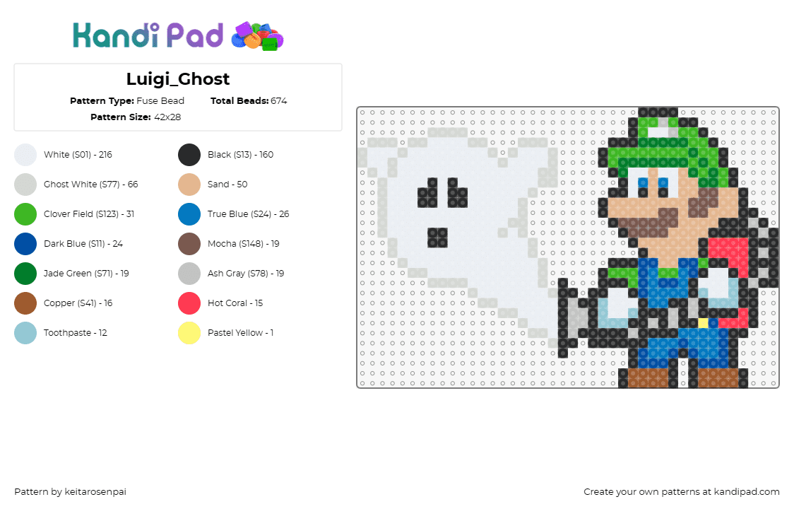 Luigi_Ghost - Fuse Bead Pattern by keitarosenpai on Kandi Pad - luigi,ghost,nintendo,mario,character,spooky,video game,white,blue,green