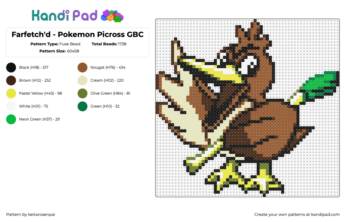 Farfetch\'d - Pokemon Picross GBC - Fuse Bead Pattern by keitarosenpai on Kandi Pad - farfetched,pokemon,character,gaming,bird,leek,brown,yellow