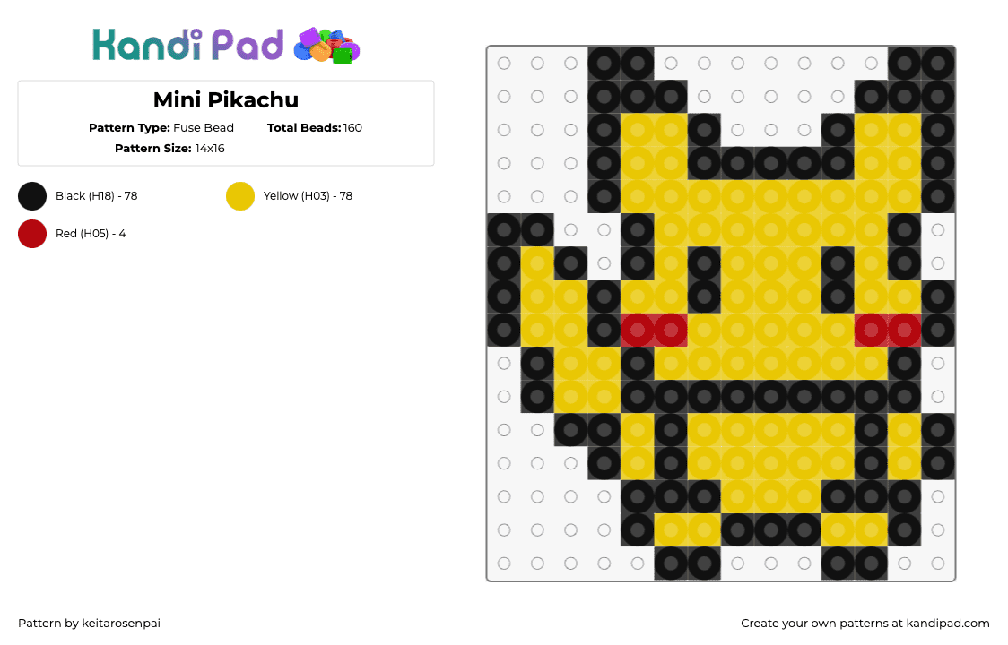 Mini Pikachu - Fuse Bead Pattern by keitarosenpai on Kandi Pad - pikachu,pokemon,character,gaming,simple,cute,yellow,black