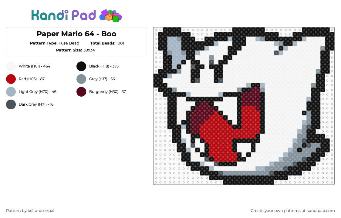 Paper Mario 64 - Boo - Fuse Bead Pattern by keitarosenpai on Kandi Pad - white,red,pink,gray,paper mario,mario,sprite,video game,boo,ghost,halloween
