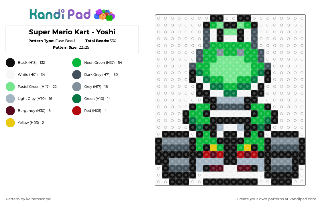 Super Mario Kart - Yoshi - Fuse Bead Pattern by keitarosenpai on Kandi Pad - black,purple,green,teal,super mario kart,yoshi,mario kart,kart,mario
