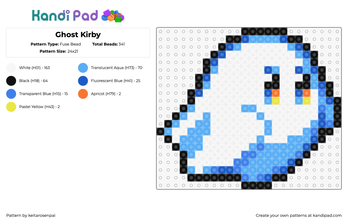 Ghost Kirby - Fuse Bead Pattern by keitarosenpai on Kandi Pad - ghost,kirby,cute,spooky,character,video game,halloween,nintendo,white,blue