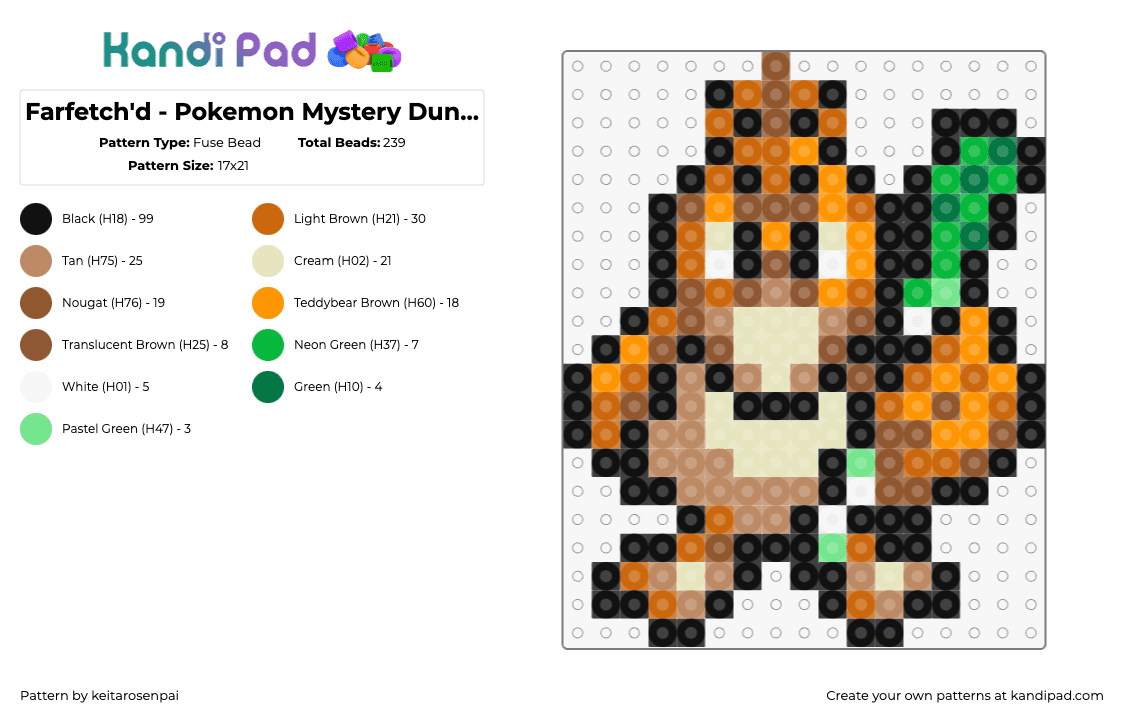 Farfetch\'d - Pokemon Mystery Dungeon - Fuse Bead Pattern by keitarosenpai on Kandi Pad - farfetchd,pokemon,character,gaming,bird,leek,orange,tan