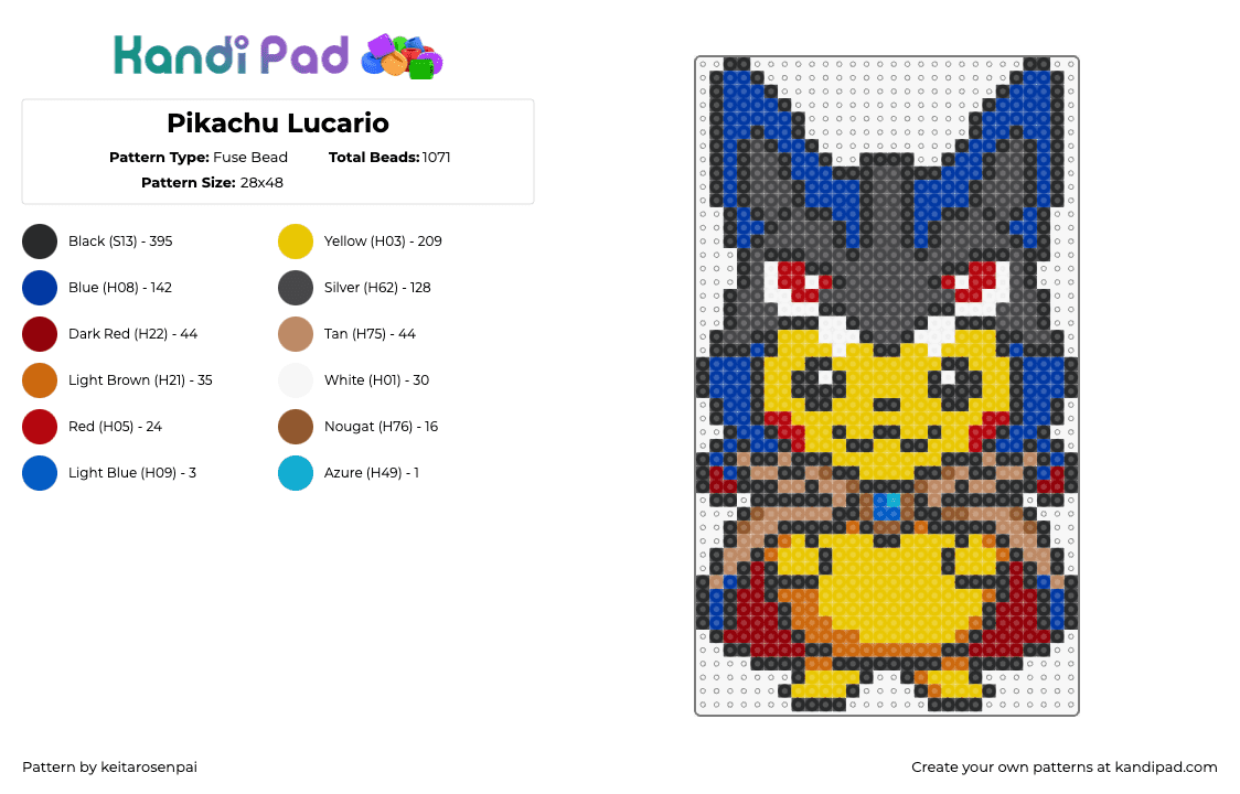 Pikachu Lucario - Fuse Bead Pattern by keitarosenpai on Kandi Pad - pikachu,lucario,pokemon,costume,cute,mashup,character,gaming,halloweenyellow,blue,red