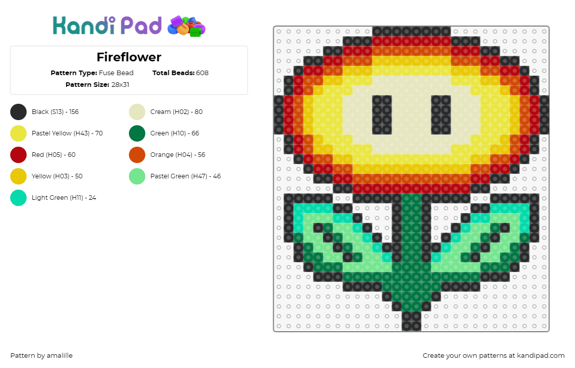 Fireflower - Fuse Bead Pattern by amalille on Kandi Pad - fire flower,mario,nintendo,video game,green,yellow,red