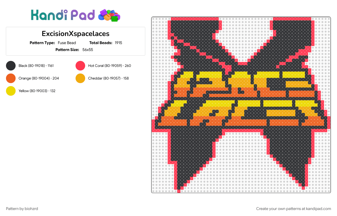 ExcisionXspacelaces - Fuse Bead Pattern by biohzrd on Kandi Pad - black, orange, red