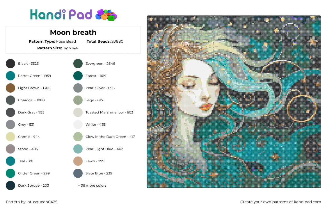 Moon breath - Fuse Bead Pattern by lotusqueen0425 on Kandi Pad - celestial,fantasy,female,teal