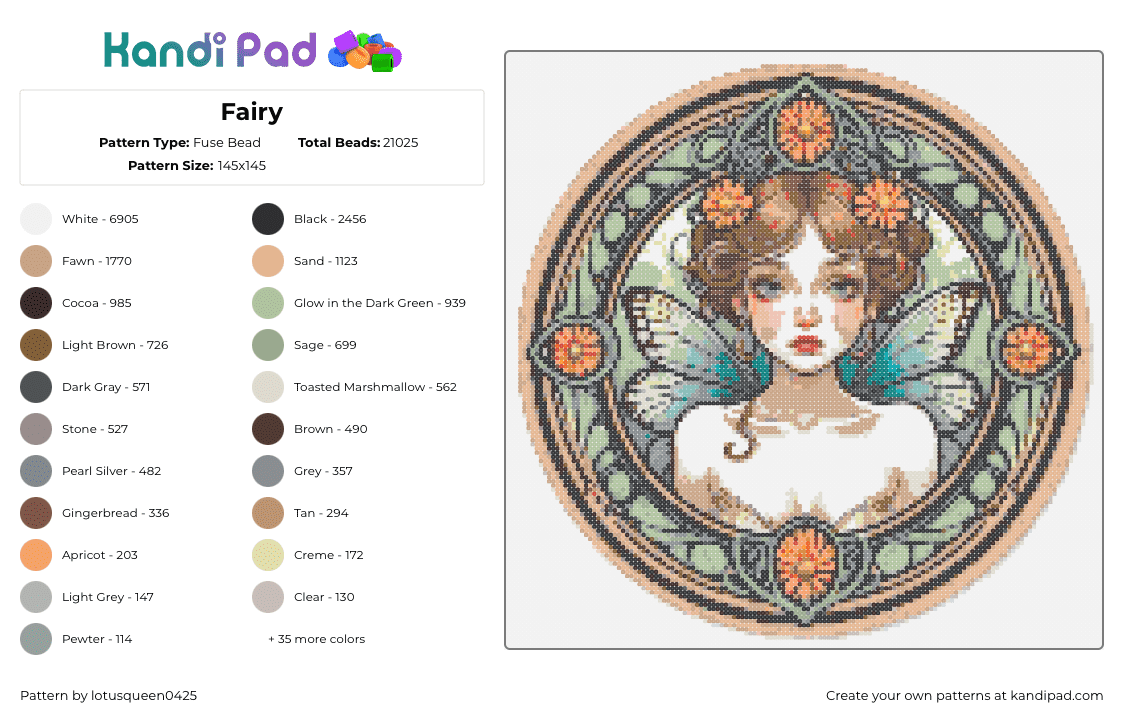 Fairy - Fuse Bead Pattern by lotusqueen0425 on Kandi Pad - fairy,crest,floral,winged,fantasy,portrait,symbol,beige,teal