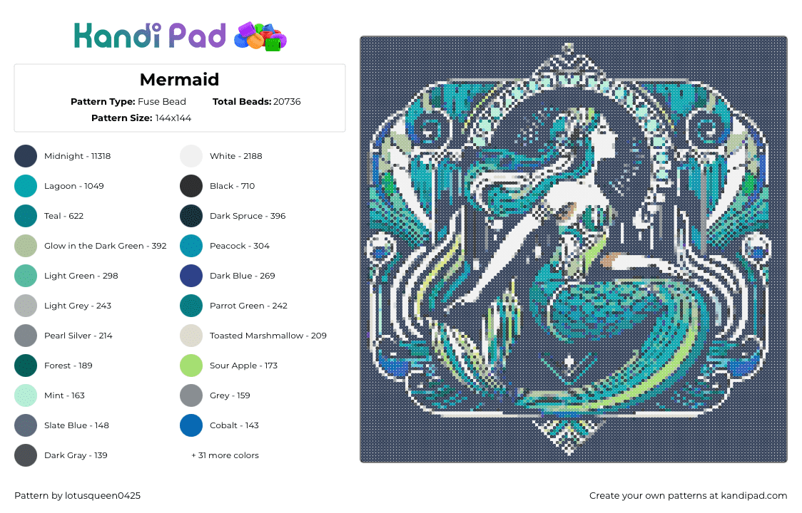 Mermaid - Fuse Bead Pattern by lotusqueen0425 on Kandi Pad - mermaid,fantasy,teal,black