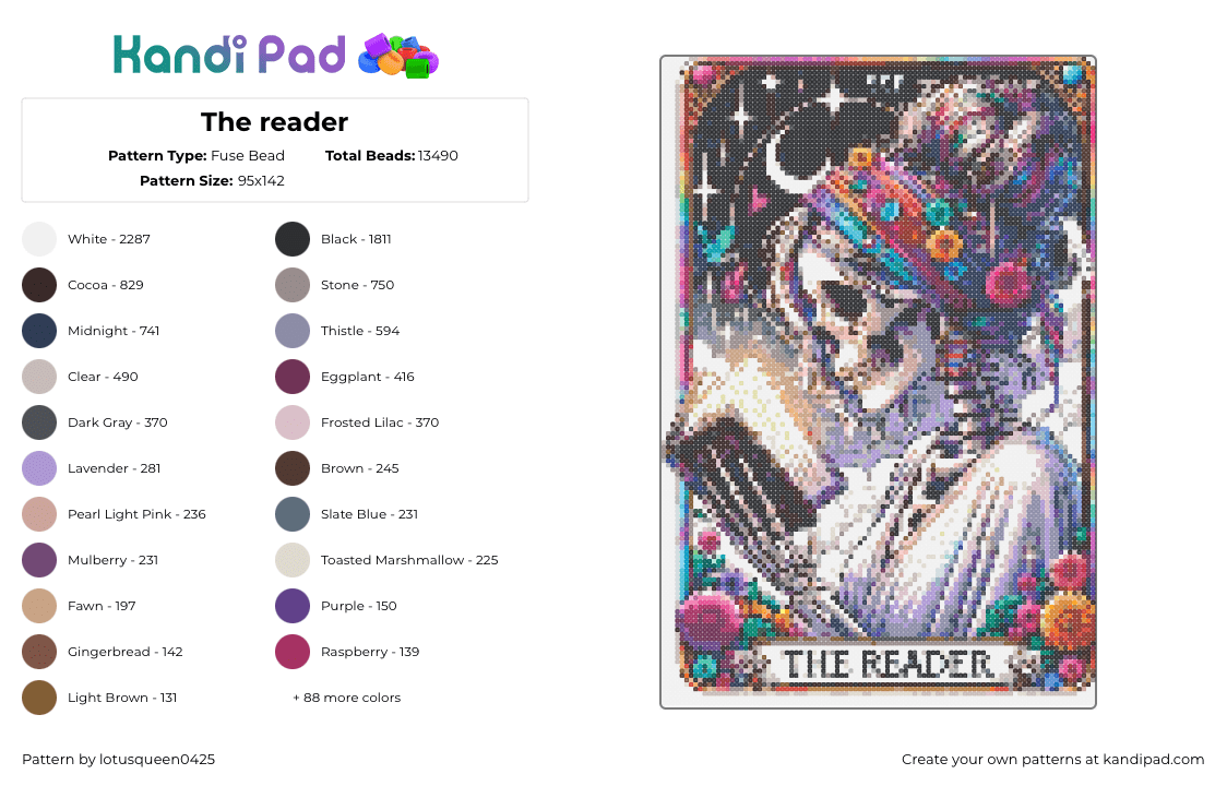 The reader - Fuse Bead Pattern by lotusqueen0425 on Kandi Pad - reader,tarot,psychic,skeleton,card,book,colorful,gray