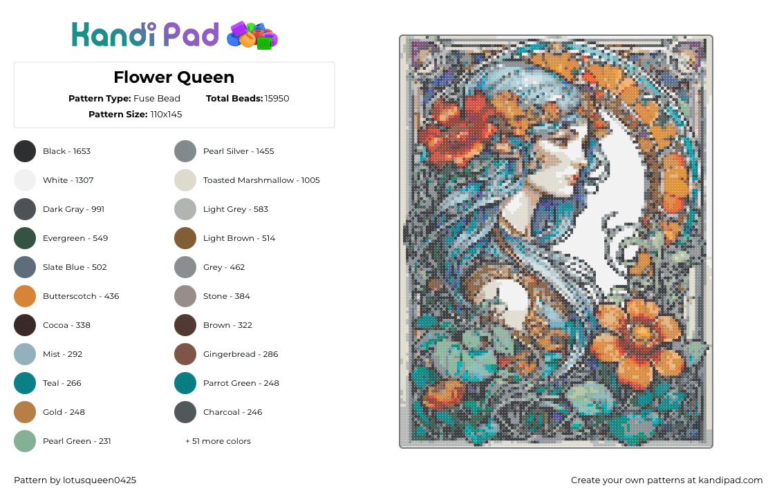 Flower Queen - Fuse Bead Pattern by lotusqueen0425 on Kandi Pad - floral,nature,frame,panel,profile,female,teal,orange