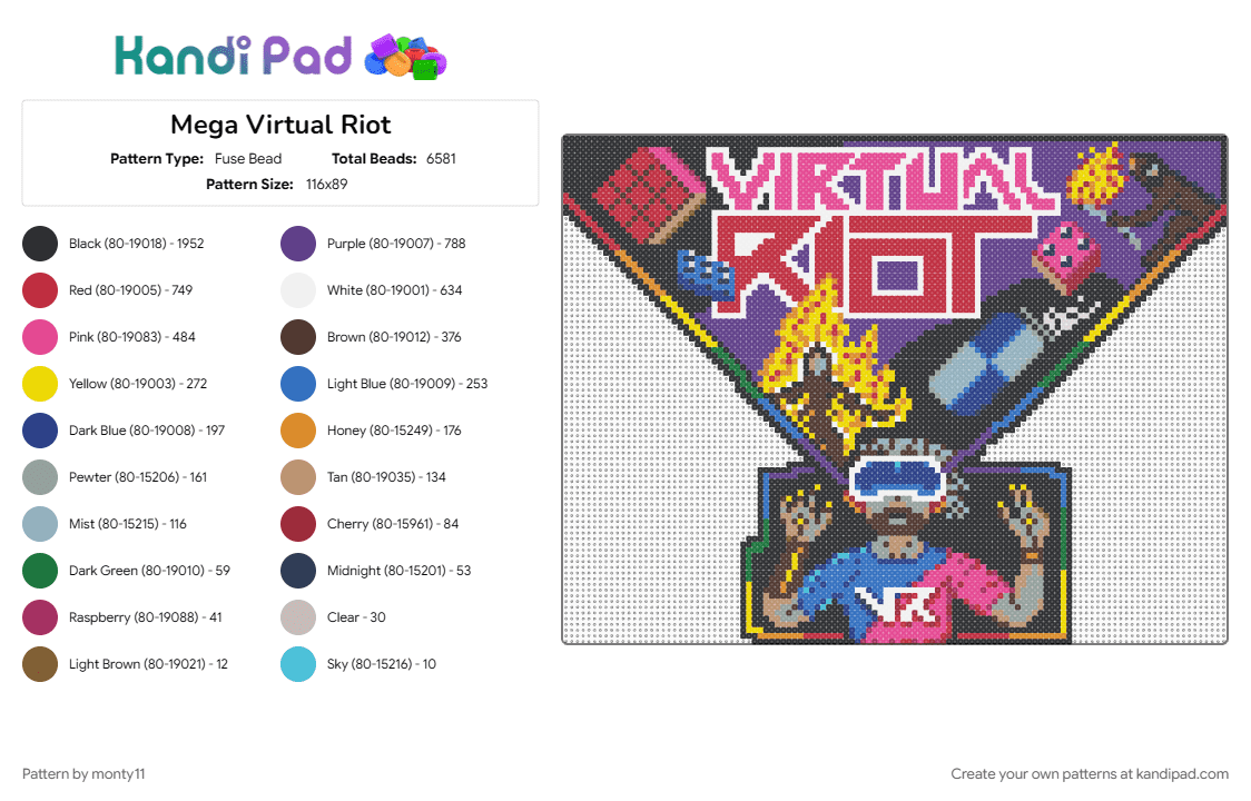 Mega Virtual Riot - Fuse Bead Pattern by monty11 on Kandi Pad - brown, burning out, colorful, dubstep, edm, energy drink, logo, purple, red, simulation, throwback, virtual riot