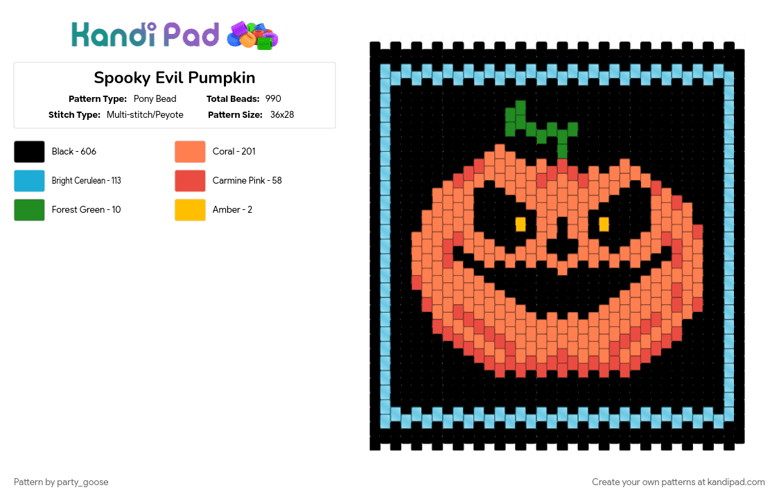 Spooky Evil Pumpkin - Pony Bead Pattern by party_goose on Kandi Pad - black, cute, evil, halloween, holiday, jackolantern, light blue, orange, pumpkin, spooky