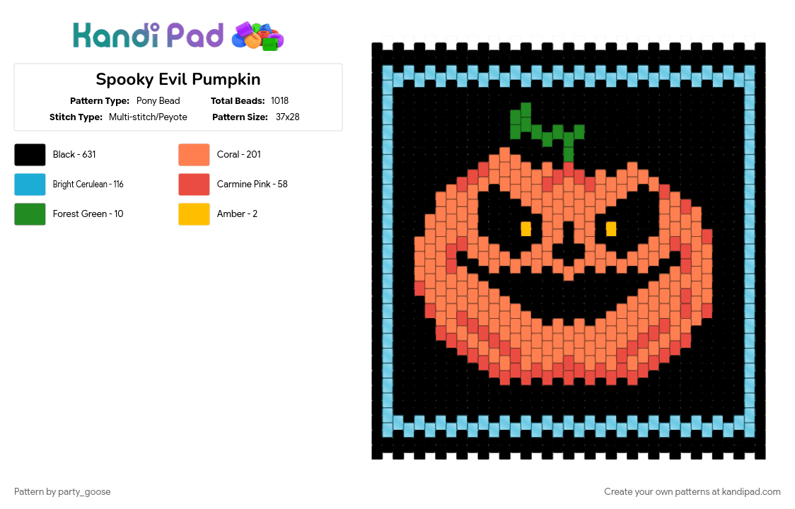 Spooky Evil Pumpkin - Pony Bead Pattern by party_goose on Kandi Pad - black, cute, evil, halloween, holiday, jackolantern, light blue, orange, pumpkin, spooky
