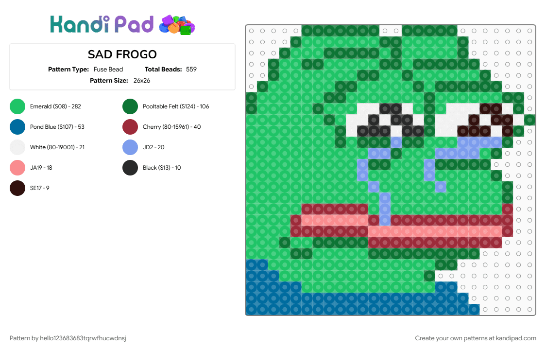SAD FROGO - Fuse Bead Pattern by hello123683683tqrwfhucwdnsj on Kandi Pad - green