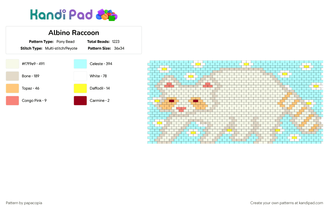 Albino Raccoon - Pony Bead Pattern by papacopia on Kandi Pad - beige, light blue, white