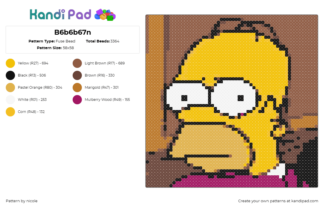 B6b6b67n - Fuse Bead Pattern by nicole on Kandi Pad - homer,simpsons,cartoon,character,animation,tv show,funny,eyes,yellow,white