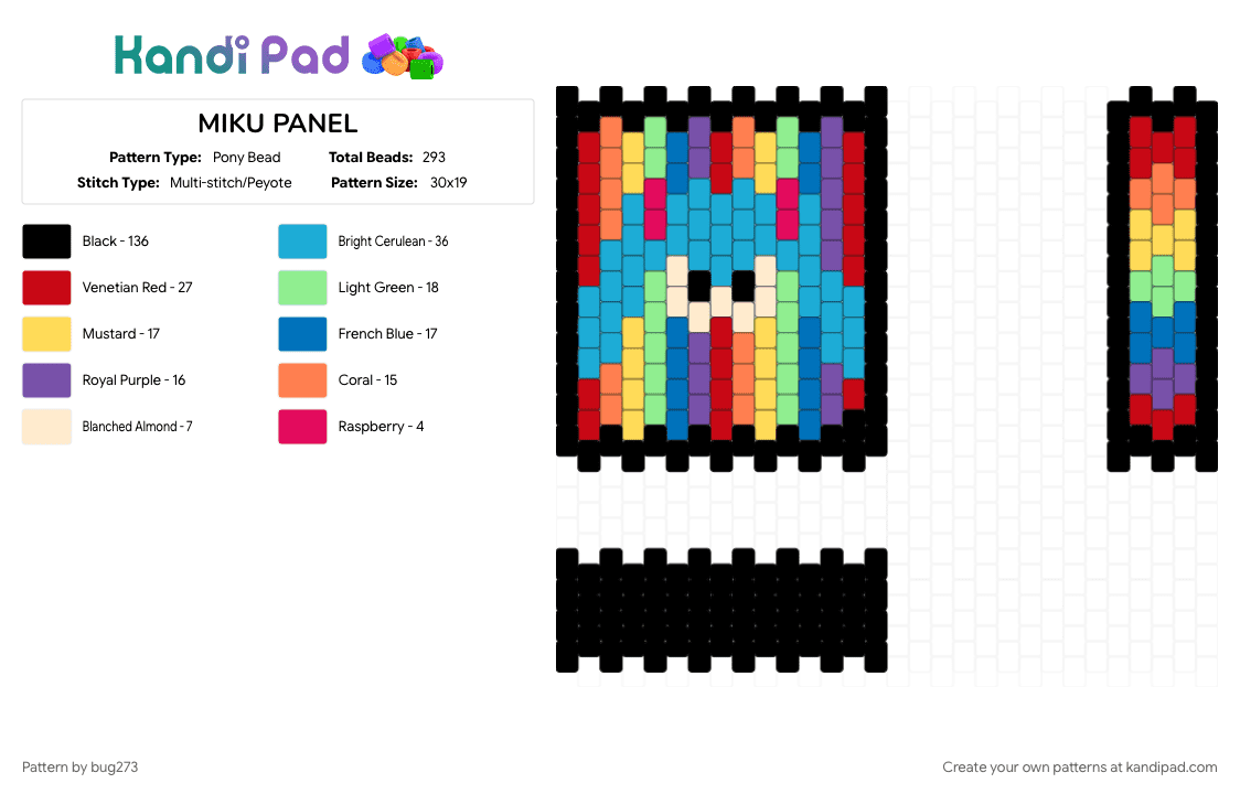 MIKU BAG PANEL - Pony Bead Pattern by bug273 on Kandi Pad - black, character, light blue, miku hatsune, red, teal