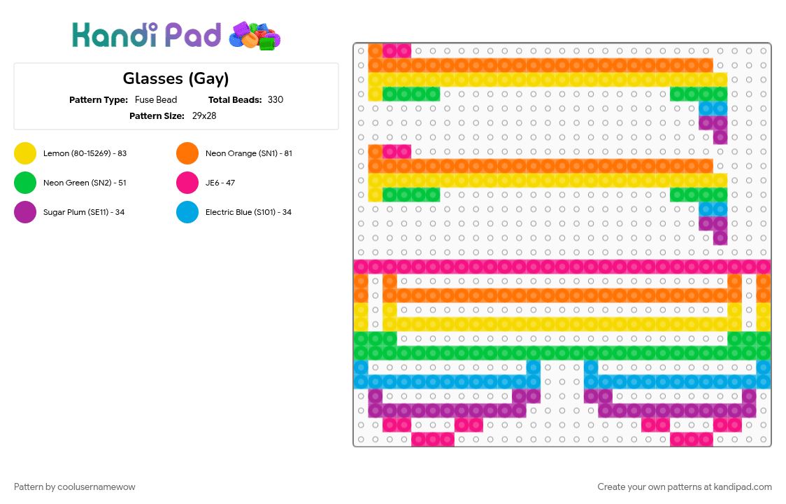 Glasses (Gay) - Fuse Bead Pattern by coolusernamewow on Kandi Pad - cool, gay, glasses, neon, orange, party, pink, pride, rainbow, yellow
