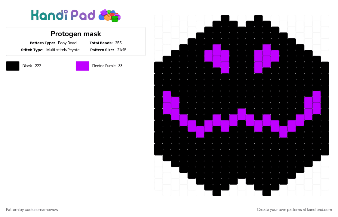 Protogen mask - Pony Bead Pattern by coolusernamewow on Kandi Pad - black, character, furry, fursona, mask, oc, purple, tempo