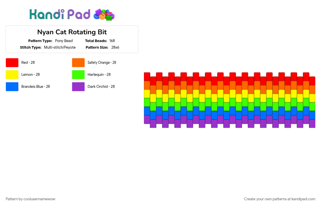 Nyan Cat Rotating Bit - Pony Bead Pattern by coolusernamewow on Kandi Pad - colorful, cuff, green, kewl, nyan cat, orange, purple, rainbow, rotator