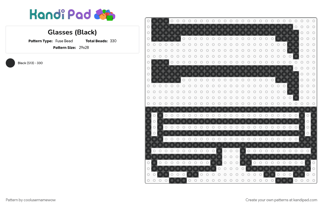 Glasses (Black) - Fuse Bead Pattern by coolusernamewow on Kandi Pad - black, cool, glasses, party
