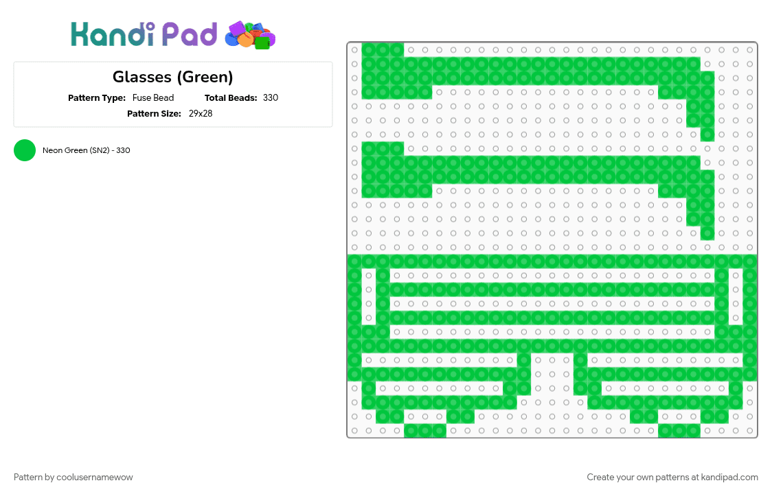Glasses (Green) - Fuse Bead Pattern by coolusernamewow on Kandi Pad - cool, glasses, green, neon, party