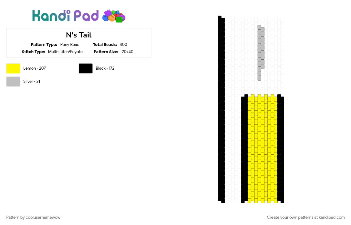 N\'s Tail - Pony Bead Pattern by coolusernamewow on Kandi Pad - black, murder drones, n, stinger, tail, yellow