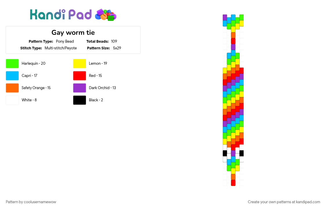 Gay worm tie - Pony Bead Pattern by coolusernamewow on Kandi Pad - colorful, gay, green, light blue, pride, rainbow, stripes, tie, worm, yellow
