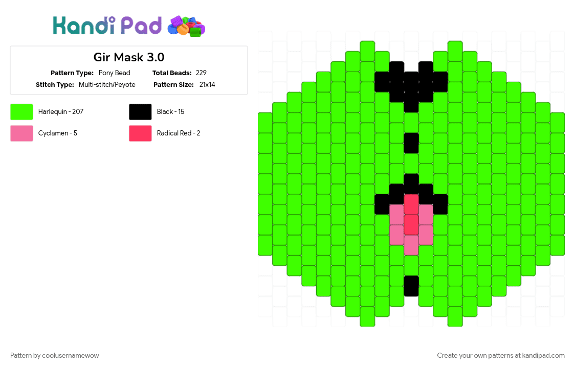 Gir Mask 3.0 - Pony Bead Pattern by coolusernamewow on Kandi Pad - dog, gir, gir mask, green, green dog, invader zim, mask