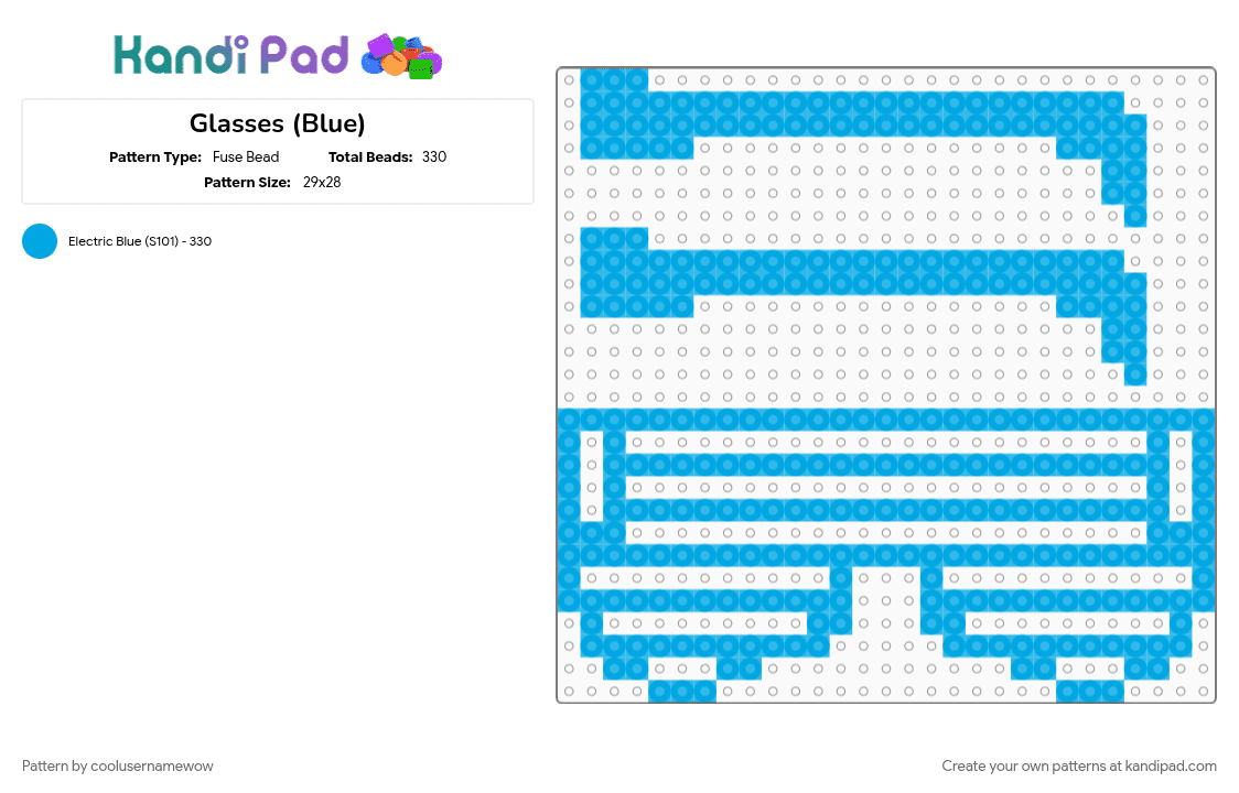 Glasses (Blue) - Fuse Bead Pattern by coolusernamewow on Kandi Pad - blue, cool, glasses, light blue, neon, party
