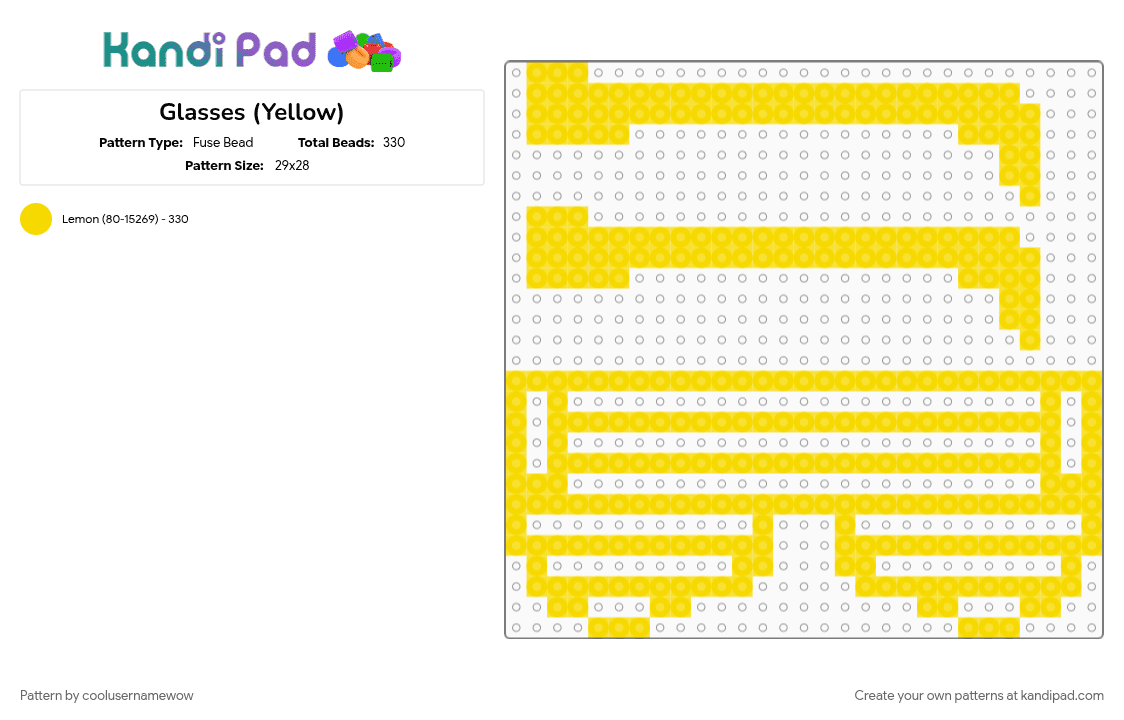 Glasses (Yellow) - Fuse Bead Pattern by coolusernamewow on Kandi Pad - cool, glasses, neon, party, yellow