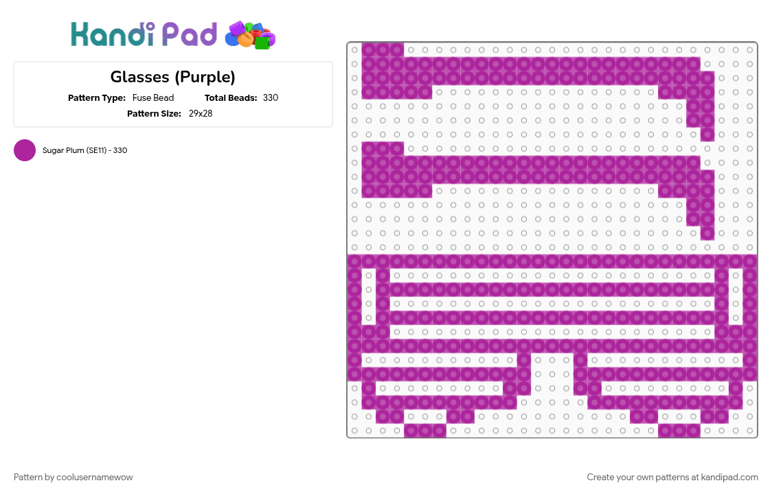 Glasses (Purple) - Fuse Bead Pattern by coolusernamewow on Kandi Pad - cool, glasses, neon, party, pink, purple