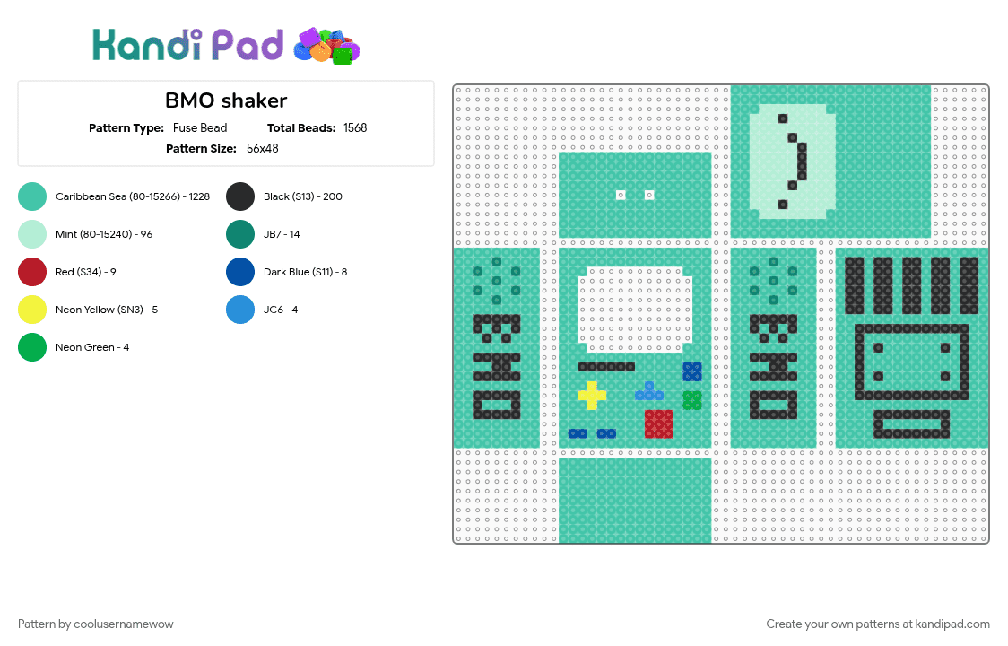 BMO shaker - Fuse Bead Pattern by coolusernamewow on Kandi Pad - adventure time, bmo, character, gaming, shaker, show, teal, tv show, video game
