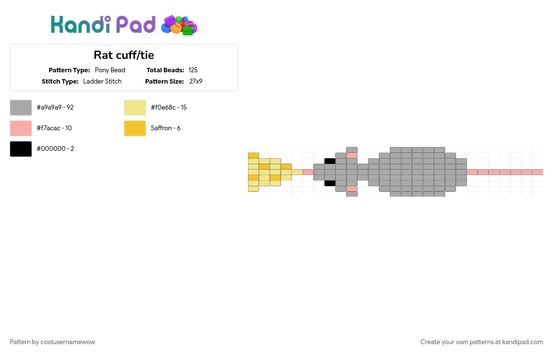 Rat cuff/tie - Pony Bead Pattern by coolusernamewow on Kandi Pad - animal, beige, cheese, cuff, cute, grey, mouse, rat, tie