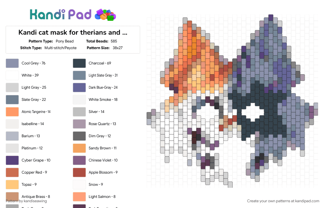 Kandi cat mask for therians and otherpaws - Pony Bead Pattern by kandiseawing on Kandi Pad - beige, cat, gray, mask, orange, purple, therian, therian mask